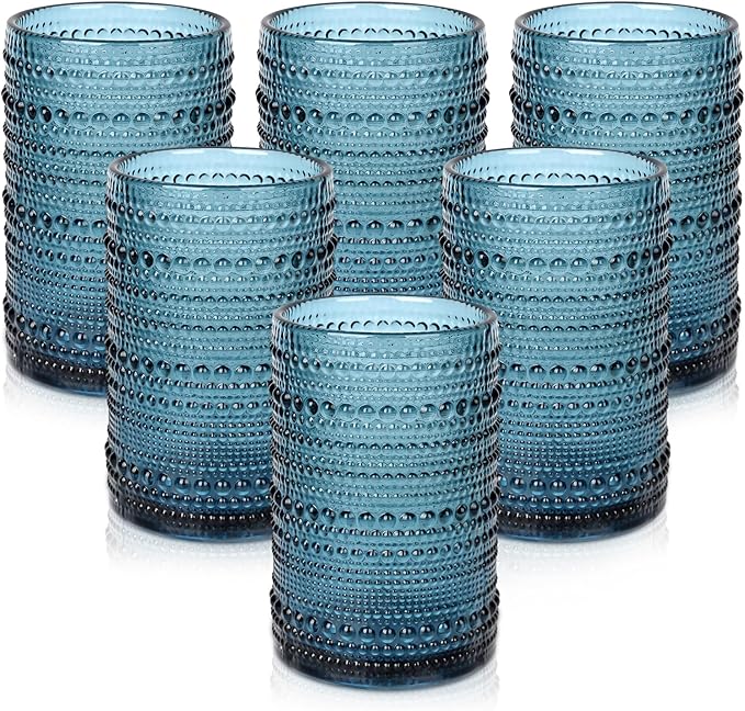 ZMOWIPDL Vintage Glassware Drinking Glasses Set of 6,15 oz Hobnail Glass Cups,Embossed Blue Water Tumbler,for Beer,Cocktai...
