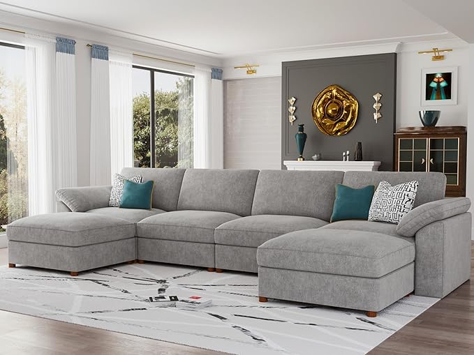 EASE MOOSE Oversized U Shape Sectional Modular Sofa,Wide Deep seat Sectional Sofa,FSC Certified Comfortable Chenille Grey Cloud Modular Sofa