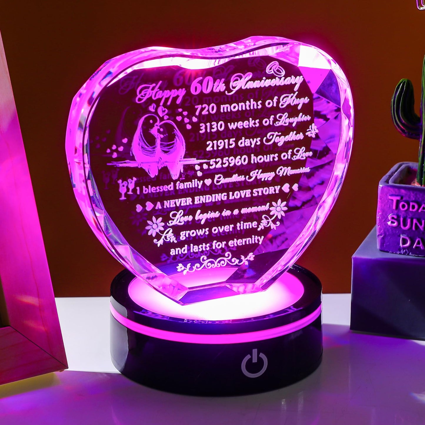 YWHL 60th Wedding Anniversary Crystal Heart Gifts for Parents Couple, Laser Engraved Romantic 60 Year Anniversary Crystal Keepsake Gifts for Wife Husband, 60 Years of Marriage Gifts for Her Him
