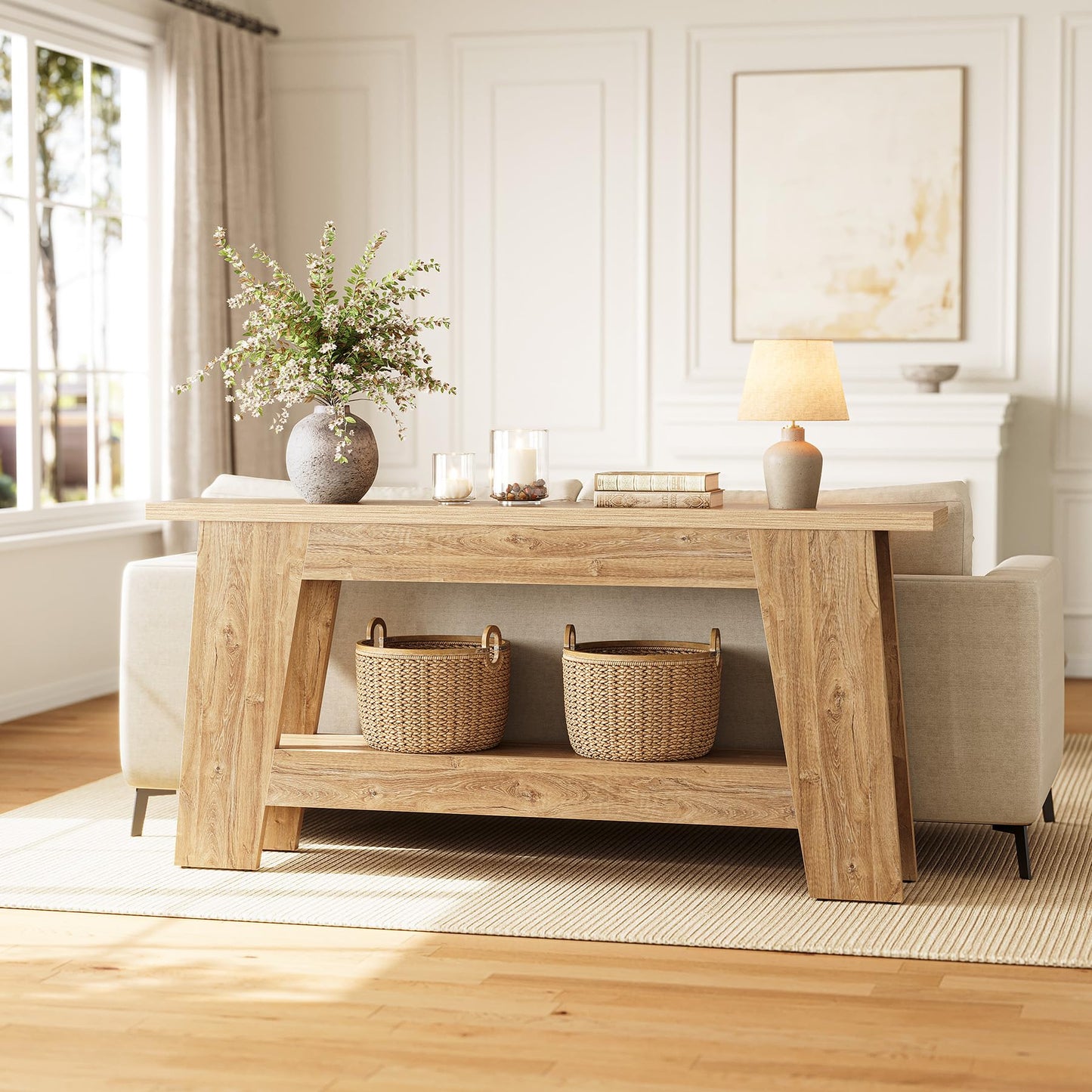 LITTLE TREE 70.9 Inches Extra Long Console Table, 2-Tier All-Wooden Rectangular Sofa Table for Behind Couch, Farmhouse Entryway Table for Hallway, Living Room, Natural Finish with Trapezoidal Design