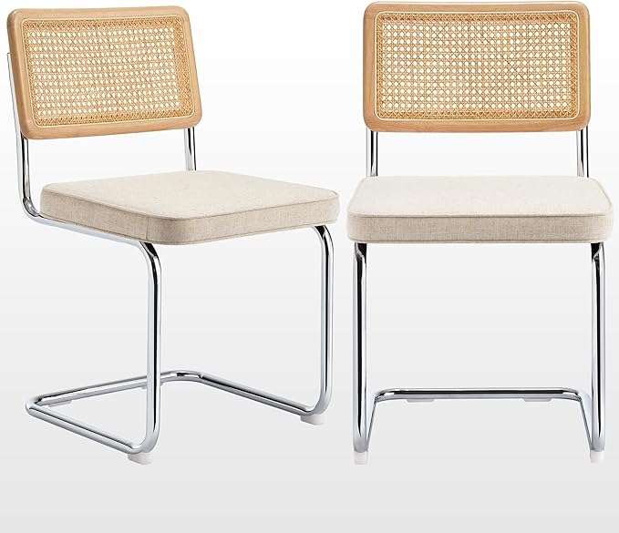 Zesthouse Natural Rattan Dining Chairs Set of 2, Mid Century Modern Dining Chairs with Solid Wood Back & Chrome Base, for Kitchen Living Room, Breuer Design Inspired, Upholstered Linen Fabric, Beige
