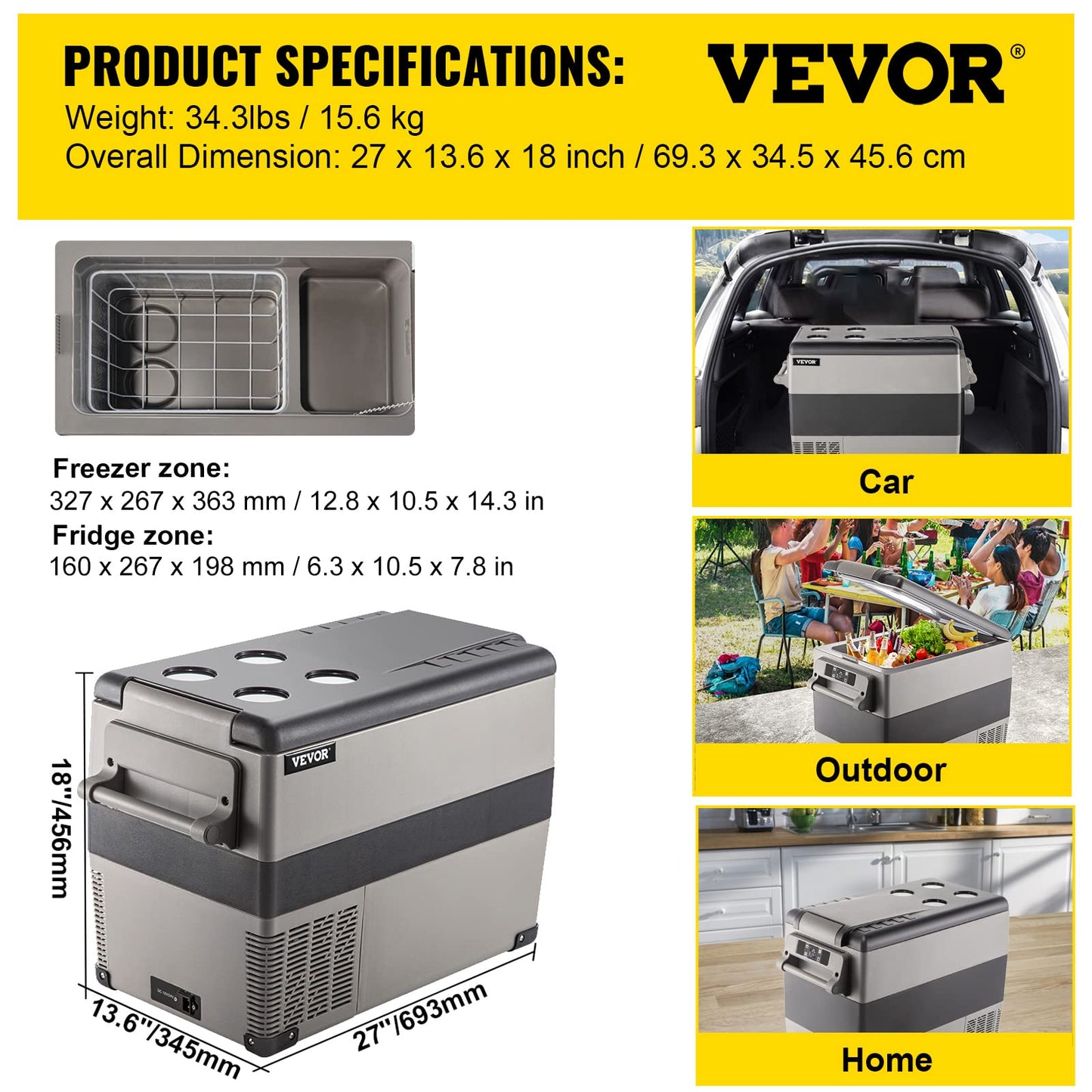 VEVOR 12 Volt Refrigerator, 48 Quart (45L) Fast Cooling Car Fridge, Portable Freezer with App Control (-4℉~68℉), 12/24v DC & 110-240v AC for Travel, Truck, Camping and Home Use, Black