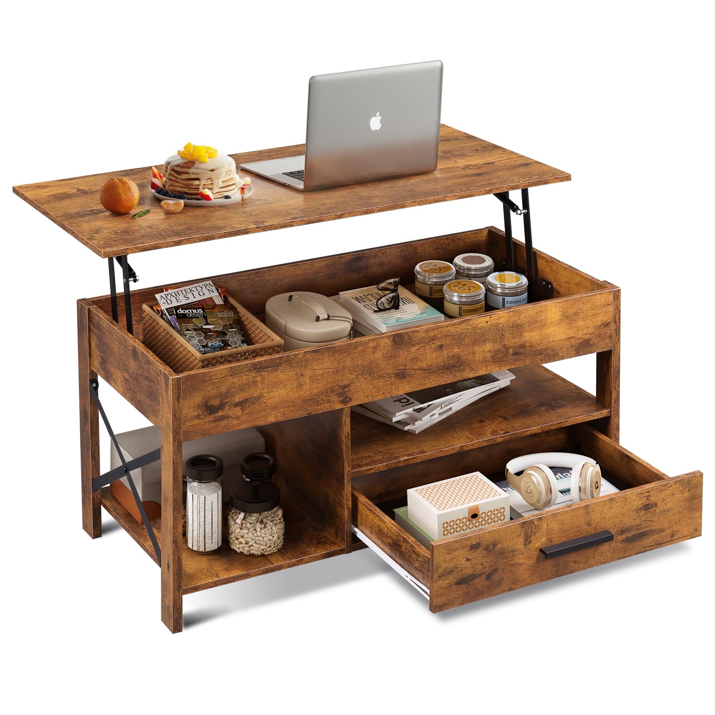 WLIVE Coffee Table, 39" Lift Top Coffee Table with Hidden Compartment, Storage Drawers and Storage Shelf for Living Room, Reception Room, Rustic Brown