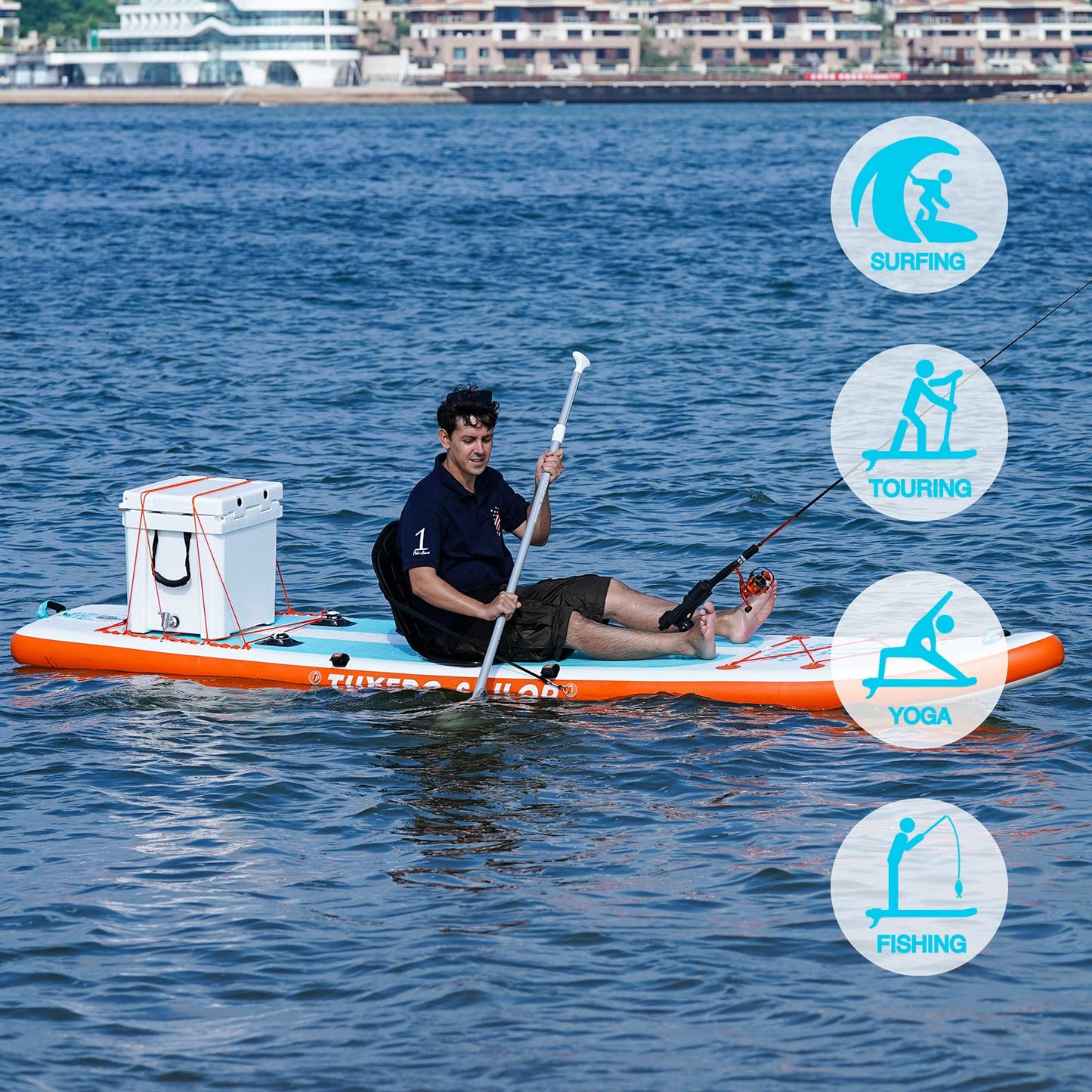 Tuxedo Sailor Large Size Inflatable Fishing Kayak 12'×34"×6" Ultra Long Stand Up Paddle Board Complete Accessories, Fishing Support Bases, Kayak Seat etc