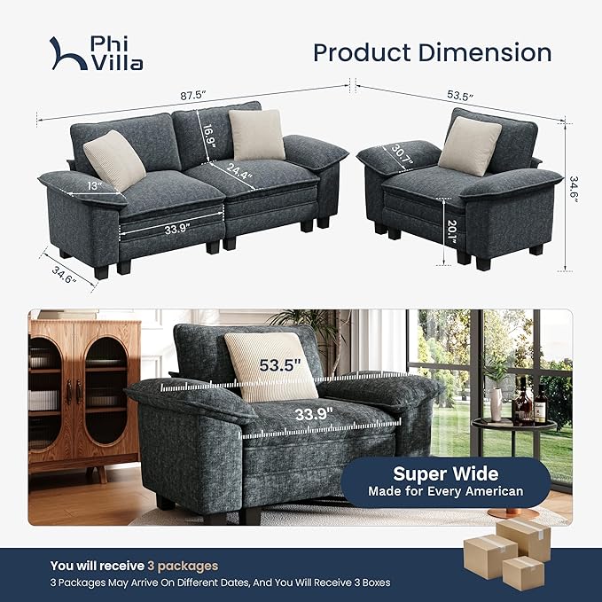 PHI VILLA Cloud Modular Couches Sets, 2 Pieces Sectional Sofa Set with Loveseat, 3-Seater Comfy Couch for Living Room Apartment, Chenille Fabric, Dark Cyan