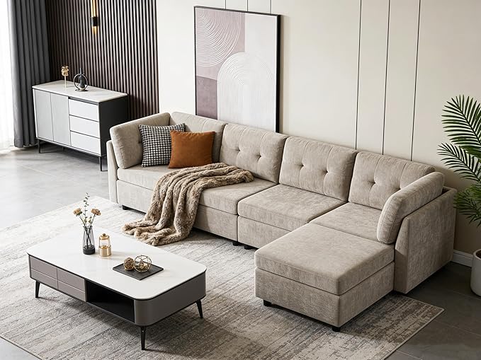 VANOMi 118" Modular Cloud Sofa with Ottoman, 4 Seater Modular Sectional Sofas & Couches for Living Room, Cozy Chenille Cloud Sectional Couch Sofas for Living Room, Apartment, Office, Camel, L Shaped