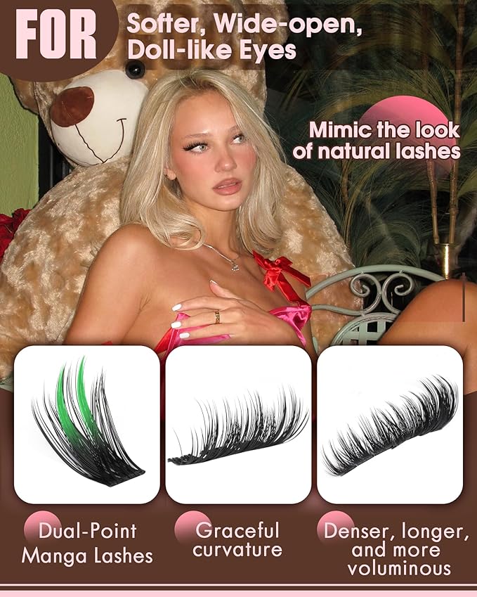 Wispy Manga Lash Clusters Kit Natural Eyelash Clusters Kit Fairy Cluster Eyelash Extensions Anime Individual Lashes C Curl Lash Extension Kit Waterproof DIY Eye Lashes Cluster Glue