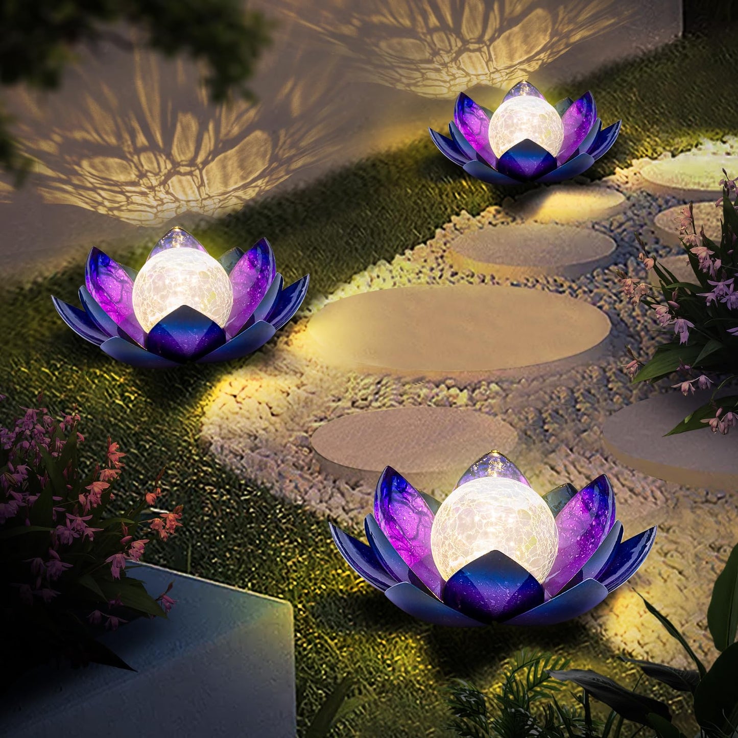Huaxu Solar Lights for Outdoor Decor, Purple Lotus Flower Light, Waterproof LED Crackle Globe Glass Lamp for Garden, Patio, Yard, Porch, Pathway, Ground, Tabletop Christmas Gifts for Mom,Women