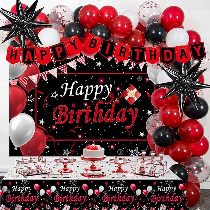 Red Birthday Decorations for Men Women Boys Girls, 75 PCS Red and Black Party Decorations Happy Birthday Backdrop Banner P...