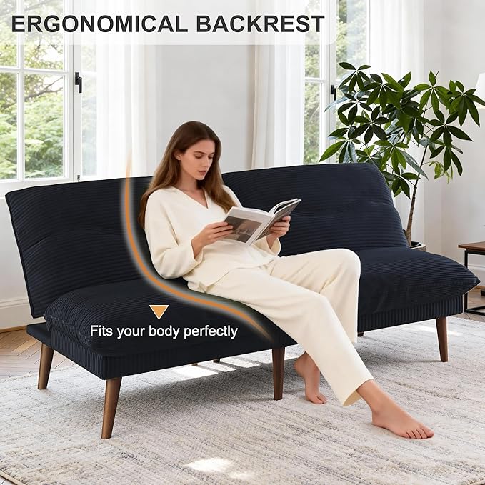 DreamDashio Futon Sofa Bed, 4 in 1 Multi-Functional Futon Couch with Adjustable Backrest, 75 inch Convertible Sleeper Sofa Bed and Recliner Lounge, Corduroy Loveseat for Living Room, Apartment, Black