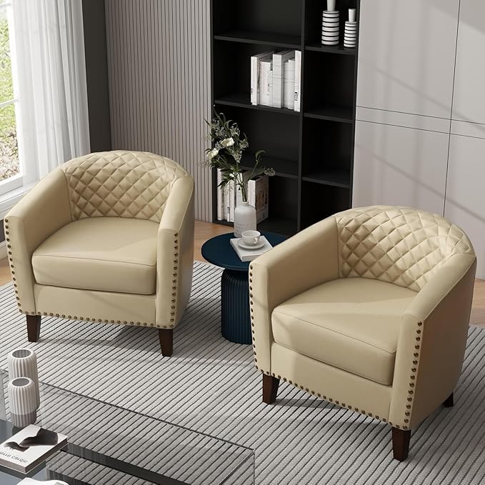 UIXE Faux Leather Barrel Accent Chairs Set of 2, Round Club Chair Modern Upholstered Armchair for Living Room, Comfy Nailed Trim Arm Chair Bedroom Reading Seat - Beige