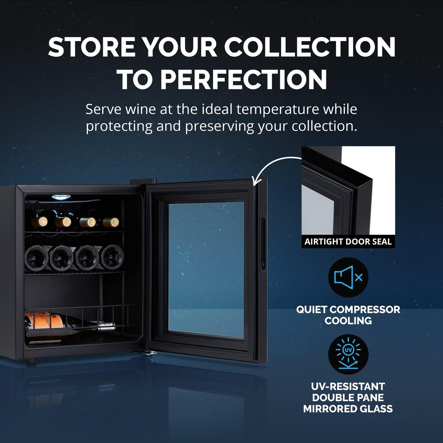 NewAir 16 Bottle Wine Cooler Refrigerator, Shadow Series Freestanding Wine Fridge with Mirror Glass Door, UV-Protected Glass & Quiet Compressor Cooling, Compact Wine Cellar