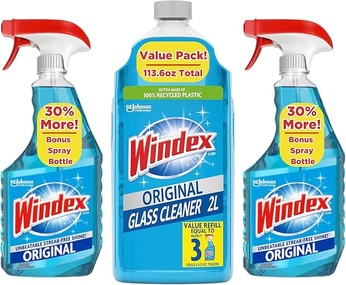 Windex Original Glass Cleaner, 2 spray bottles + 67 fl. oz. Refill - Total 113 fl. oz