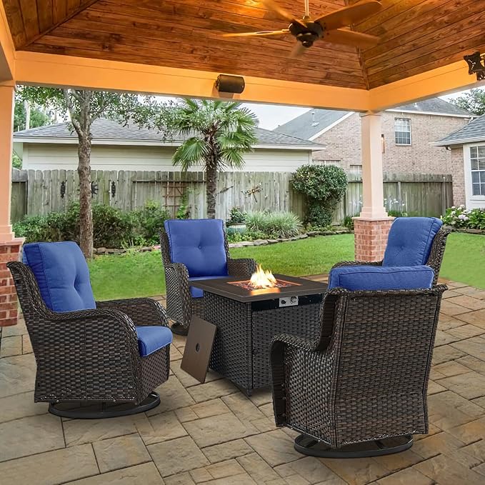 Belord 5 Pieces Patio Wicker Furniture Set - 4 Outdoor Swivel Rocker Glider Chairs with Propane Fire Pit Table, Warm Patio Conversation Set Blue Cushion Perfect for Casual Gathering