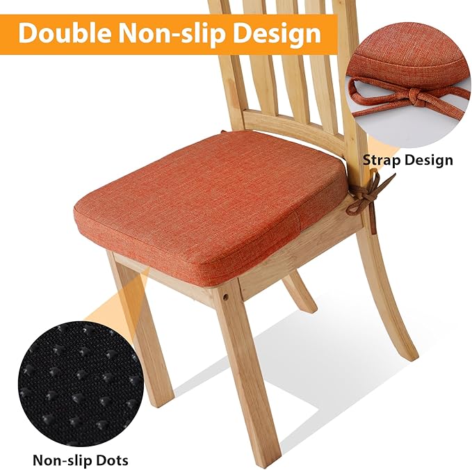 Ruqmuis Chair Cushions for Dining Chairs, 2" Thick Seat Cushions for Kitchen Chairs, D-Shaped Chair Pads with Washable Cover, Ties and Non Slip Backing, 17'' x 16'', Set of 4, Orange