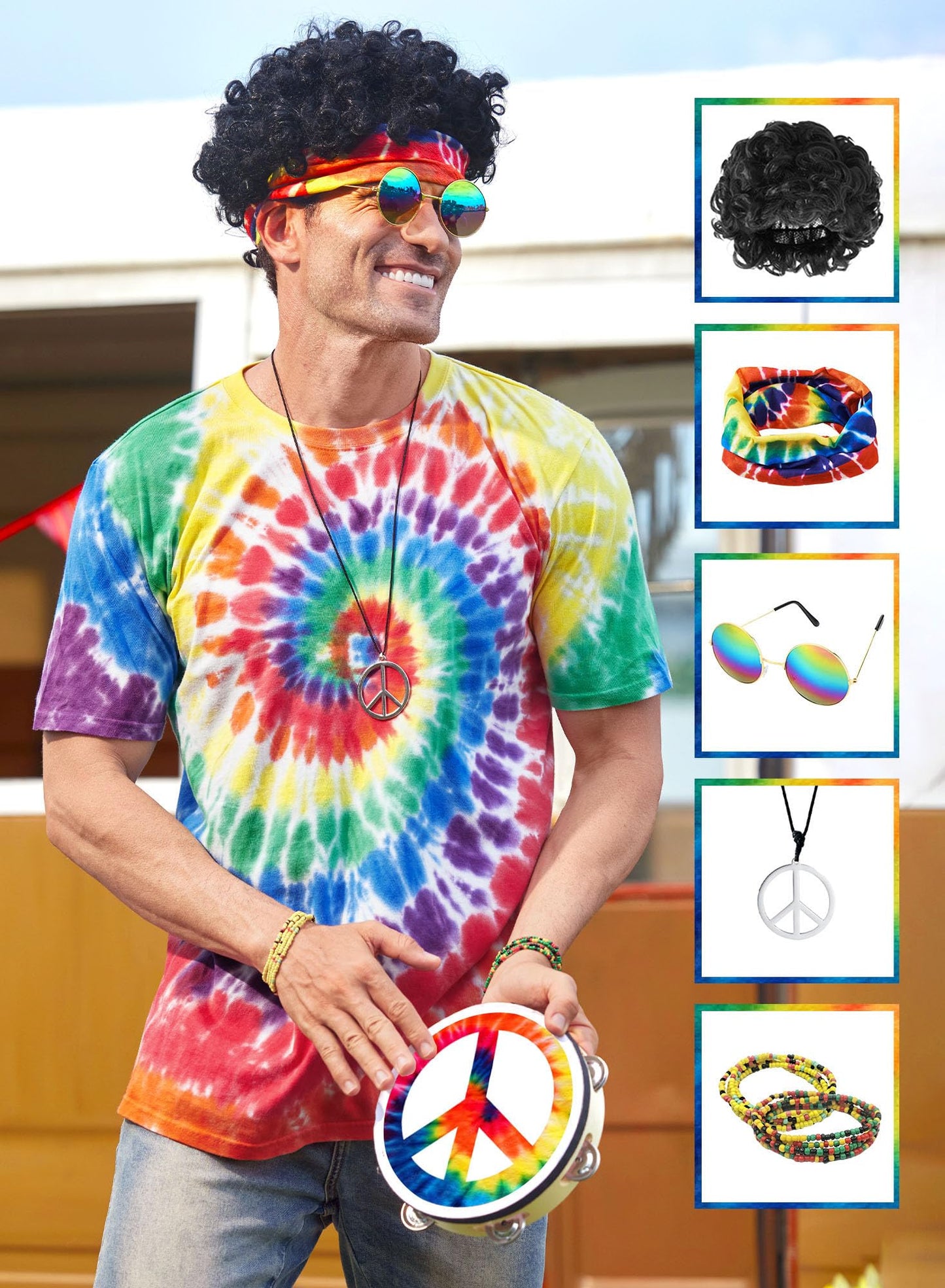 Mainfini Hippie Costume for Men Women Comfortable 60s 70s Outfits Carnival Tie Dye Peace Novelty Theme Party Glasses XL