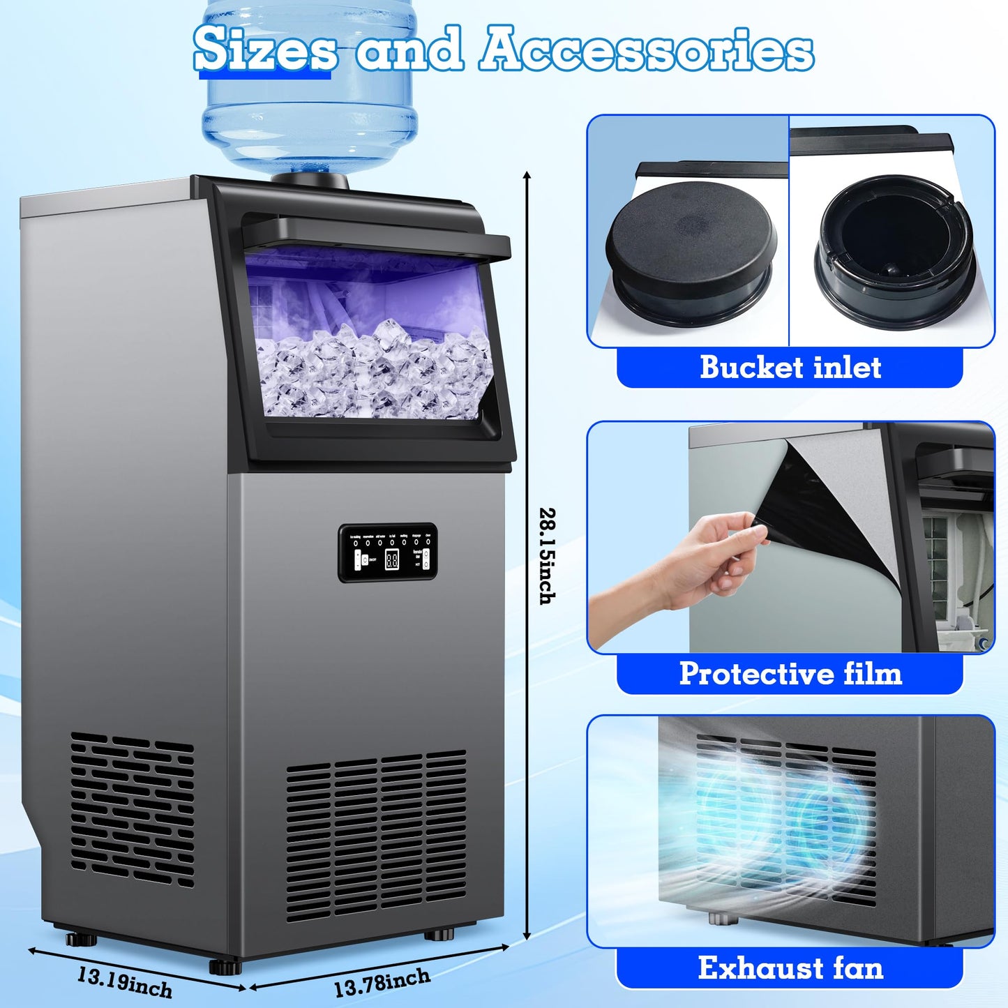 Commercial Ice Maker Machine 120lbs/24H with 22lbs Storage, Stainless Steel Freestanding Ice Machine 45Ice/Cycle 2 Water Inlet Modes, Self-Cleaning Function for Homes Bars Restaurants