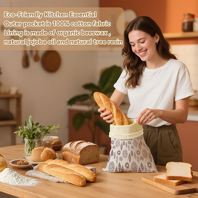 OHIYO Reusable Beeswax Bread Bags for Freezer & Refrigerator, 17"×13" Natural Beeswax-Lined Cotton Storage Bags Airtight Freshness Keeper for Homemade, Bakery Essentials (2 Pack)
