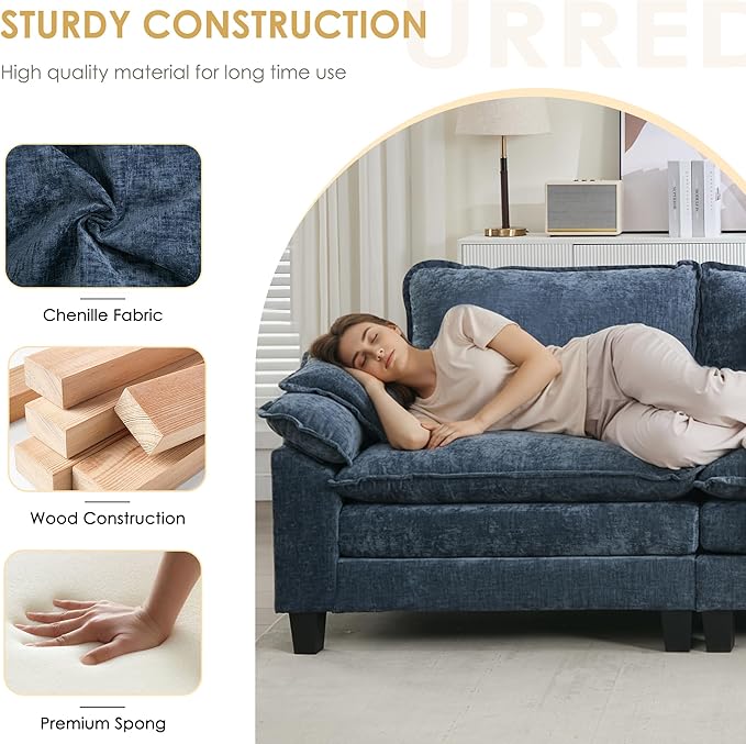 URRED Cloud Couch Modular Sectional Sofa, 87" Modern L Shaped Deep Seat Sofa with Ottoman & Pillows, Ultra Comfy Chenille Couches for Living Room, Bedroom or Apartment, Blue