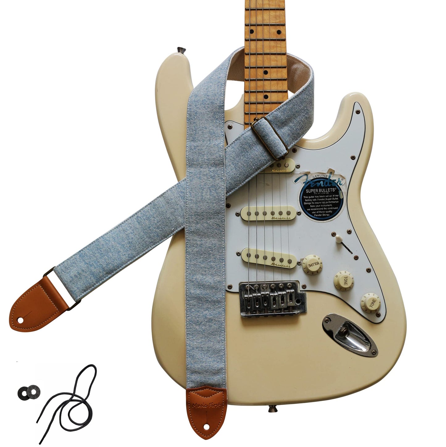 MUSIC FIRST Original Design, 2 inch width (5cm), Cotton Denim Vintage Denim Electric Guitar Strap Bass Strap (Vintage Denim)