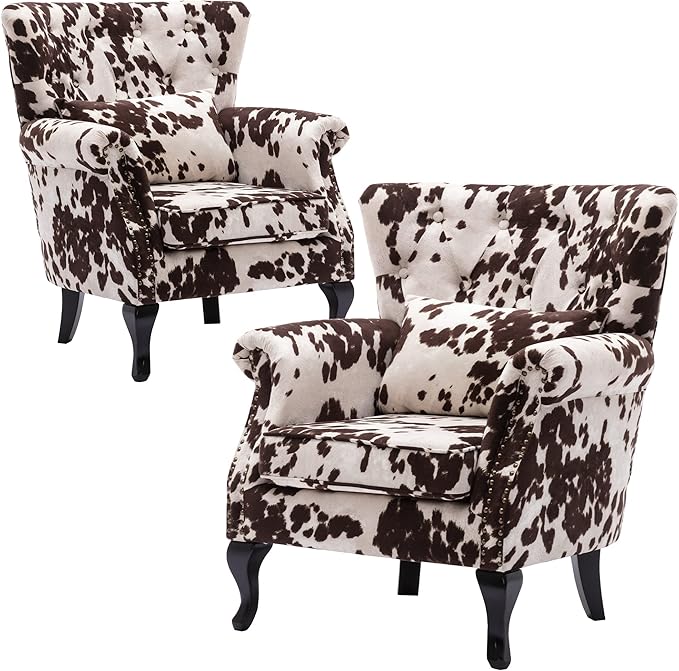 DM Furniture Set of 2 Mid-Century Modern Accent Chair, Velvet Armchair w/Tufted Back/Wood Legs, Upholstered Lounge Arm Chair Single Sofa for Living Room Bedroom, Cow Print
