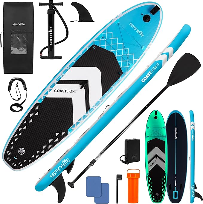SereneLife Inflatable LED Lighted Stand Up Paddle Board 10’6” - Stable 32” Wide SUP with Non-Slip EVA Deck, Complete Paddl...