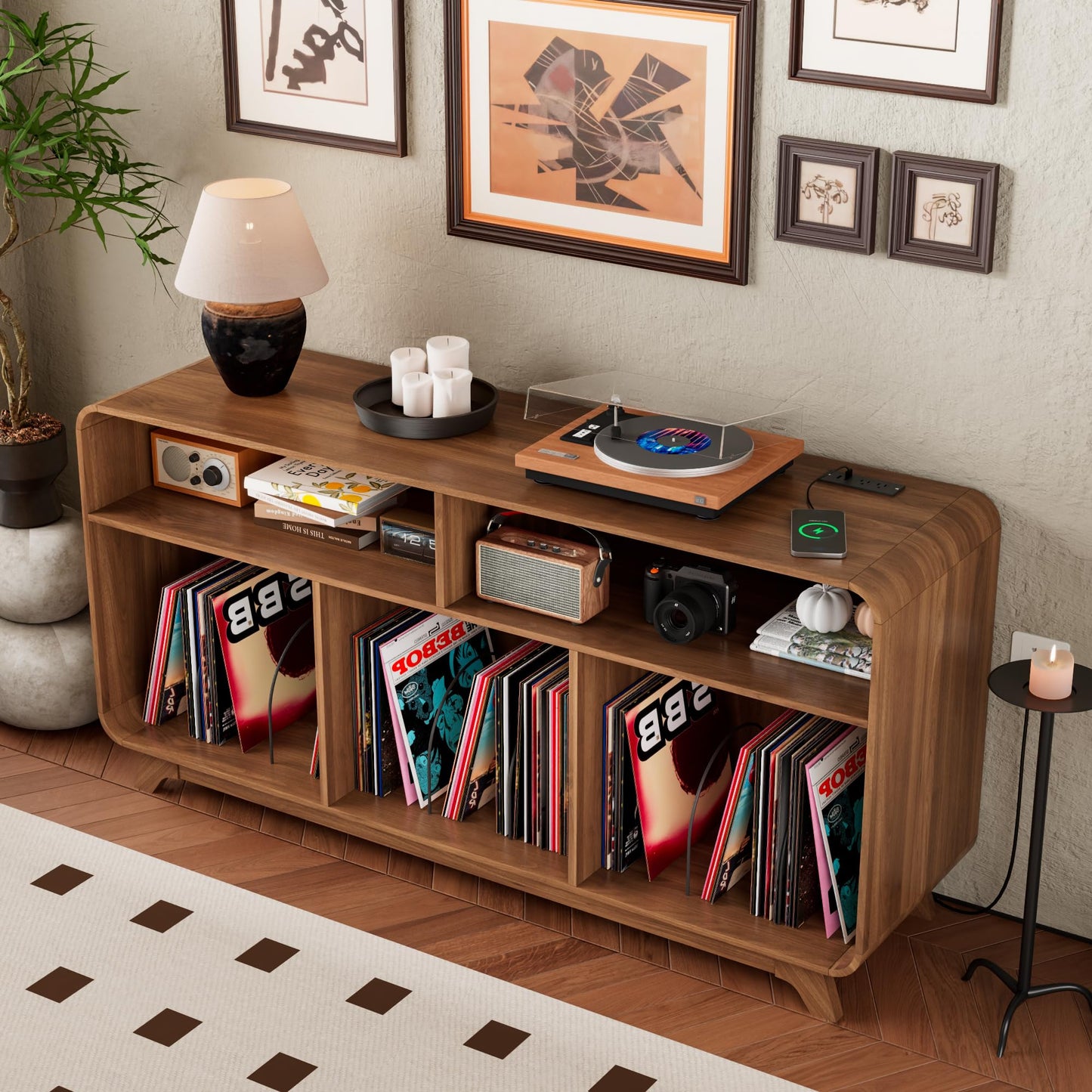 Boweniog Record Player Stand with Vinyl Storage Cabinet with Charging Station & USB Ports, Turntable Stand, Curved Vinyl Record Cabinet with Wood Legs for Bedroom Living Room (Walnut, 55inch)