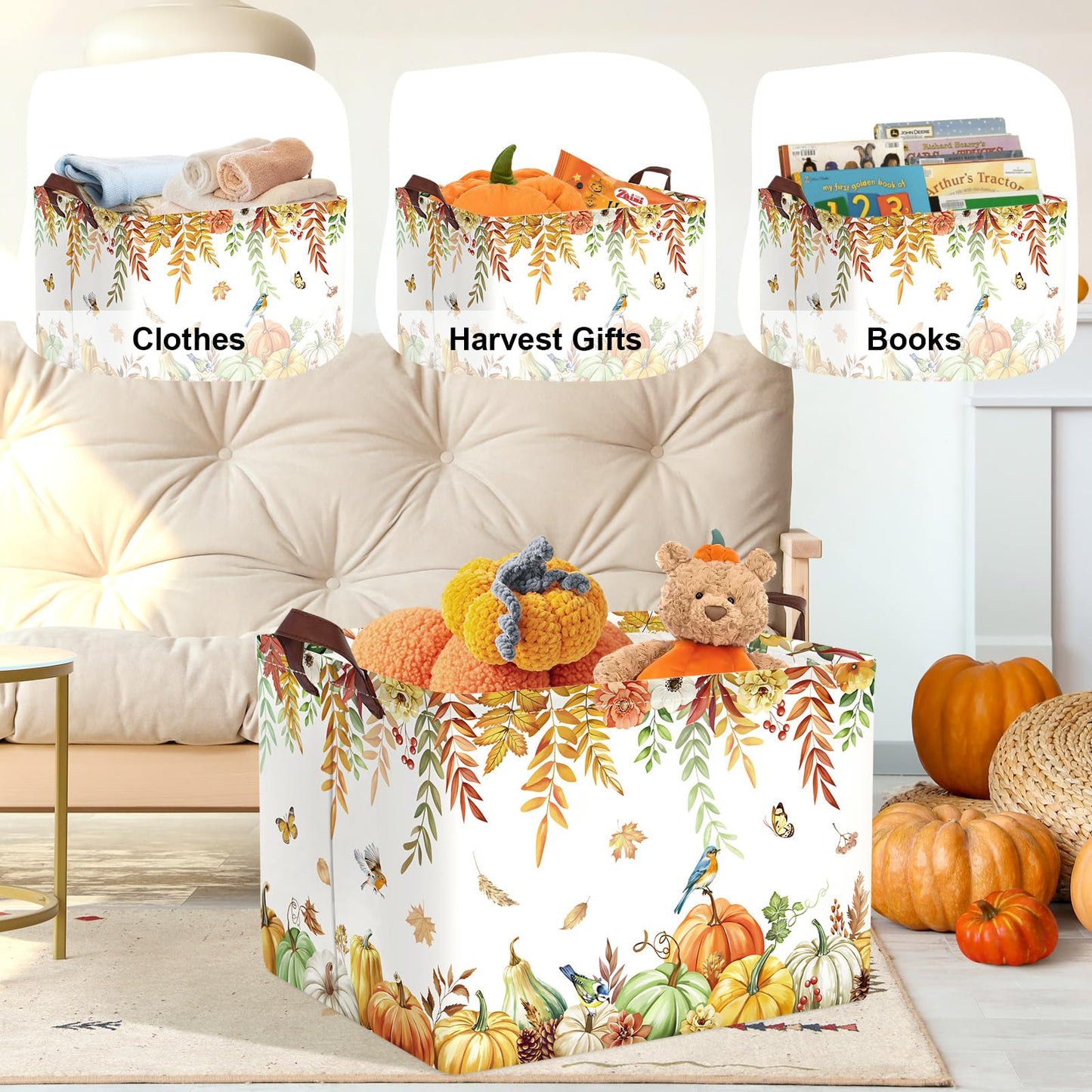HUUMONSS Fall Thanksgiving Baby Storage Basket Pumpkin Maple Leaf Collapsible Clothes Kids Laundry Hamper Large Boys Girls Gift Toy Box Bin for Nursery Room,Bird,40 * 30 * 30 cm
