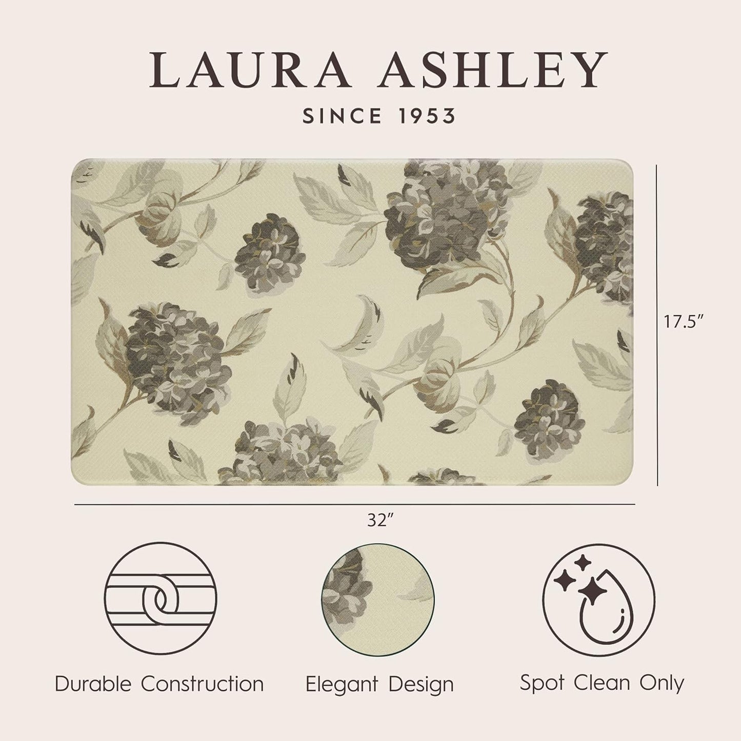 Laura Ashley – Anti-Fatigue Kitchen Mat | Hydrangea Floral Design | Stain, Water & Fade Resistant | Cooking & Standing Relief | Non-Slip Backing | Measures 17.5” x 32"| Grey Hydrnga