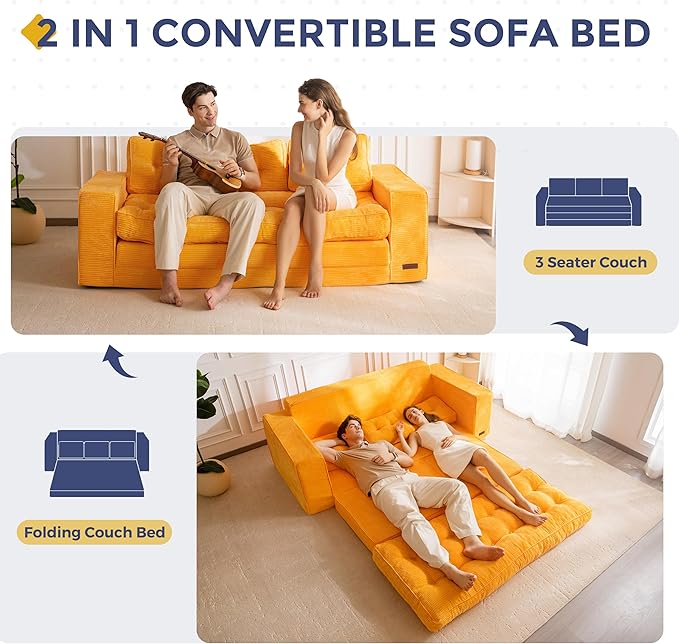 MAXYOYO Convertible Sofa Bed, Pull Out 3 Seater Sleeper Sofa, 2 in 4 Folding Couch Bed, Fold Out Floor Couch with Pillows for Living Room Bedroom Lounge, Orange