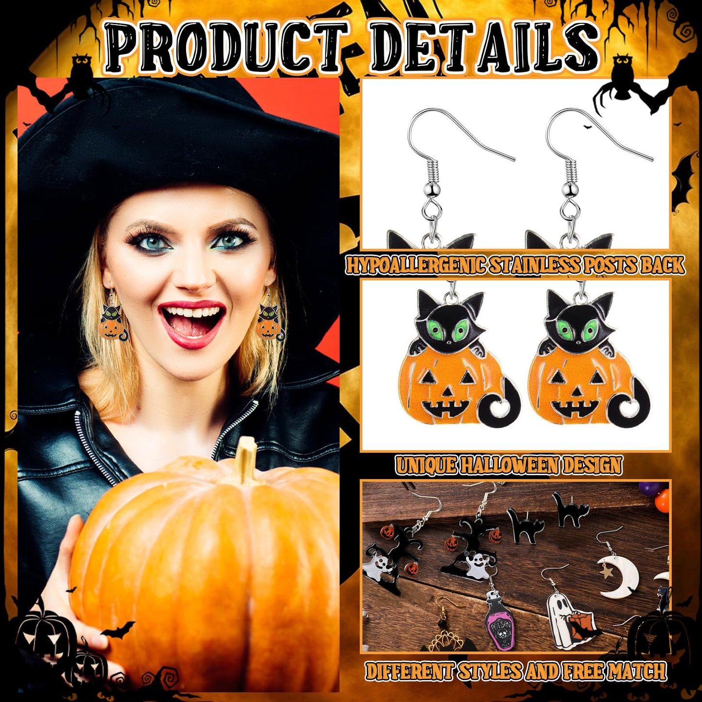 Kigeli 16 Pairs Halloween Earrings Ghost Pumpkin Bat Cat Earrings Gothic Cute for Women(Classic Style)