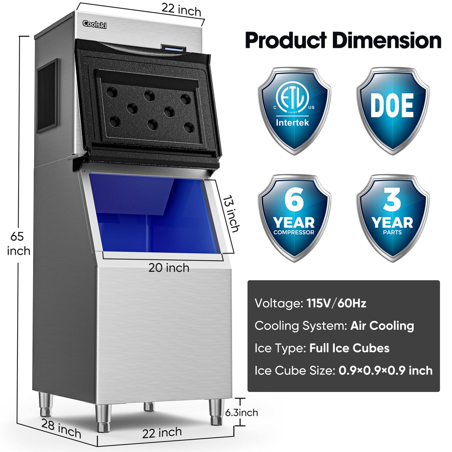 Coolski Commercial Ice Machine 420LBS/24H, 22”W Industrial Ice Maker with Large Storage Bin, Fast Ice Making, Upgraded Water Filters, DOE & ETL Certified, Ideal for Restaurants/Bars/Hotels