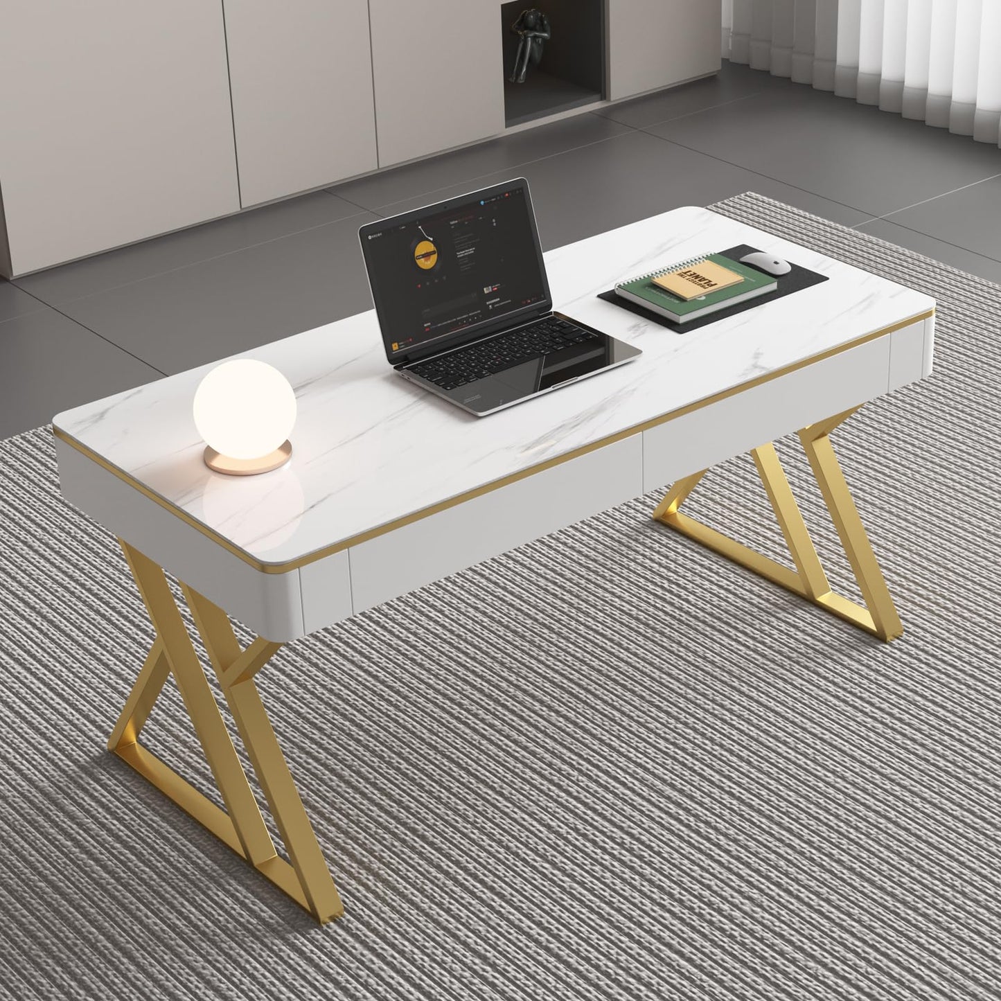 Dongge Modern Office Computer Desk with Tempered Glass Top & Marble Pattern, White Wooden Gaming Desk with Drawers, Thick Lacquered Writing Desk for Home Office, Bedroom and Living Room (XZ-104)