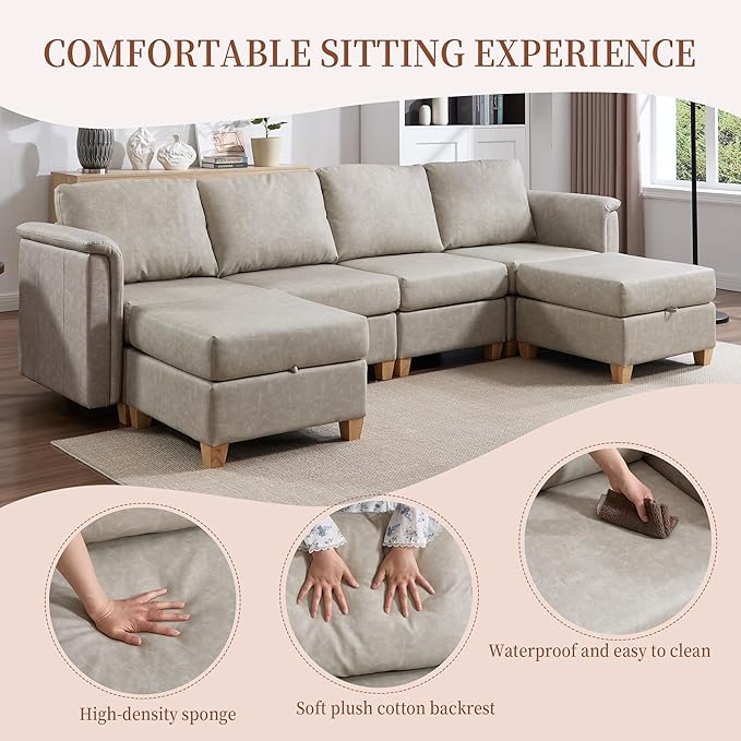 Modular Sectional Sofa,Modern U Shaped Sectional Couches for Living Room,6 Seat PU Leather Deep Seat Sectional Cloud Couch with Storage,Beige