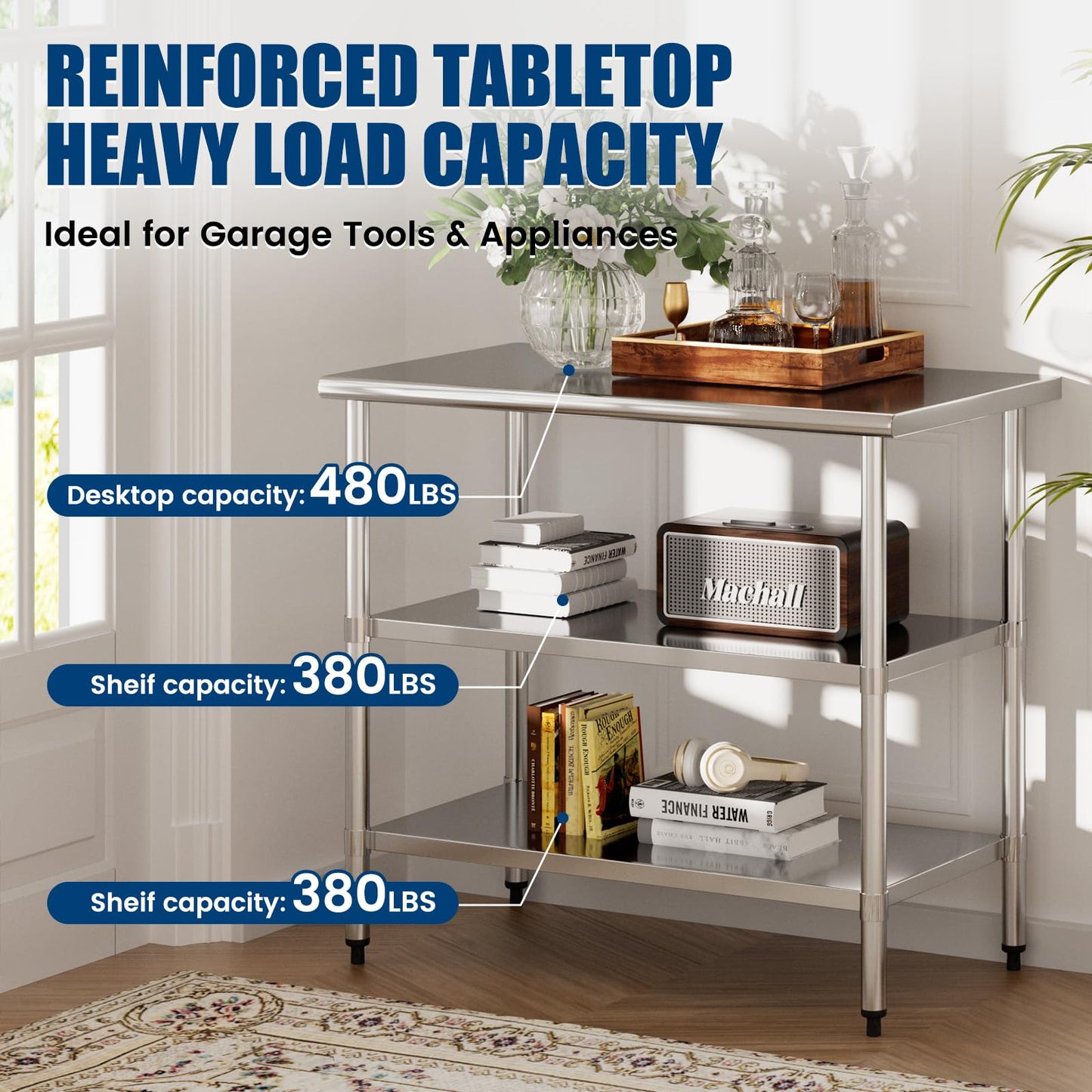 Stainless Steel Work Table 24 x 48 Inch with 2 Adjustable Undershelves, Heavy-Duty Metal Prep Table for Commercial Kitchen & Restaurant, Garage, Outdoor