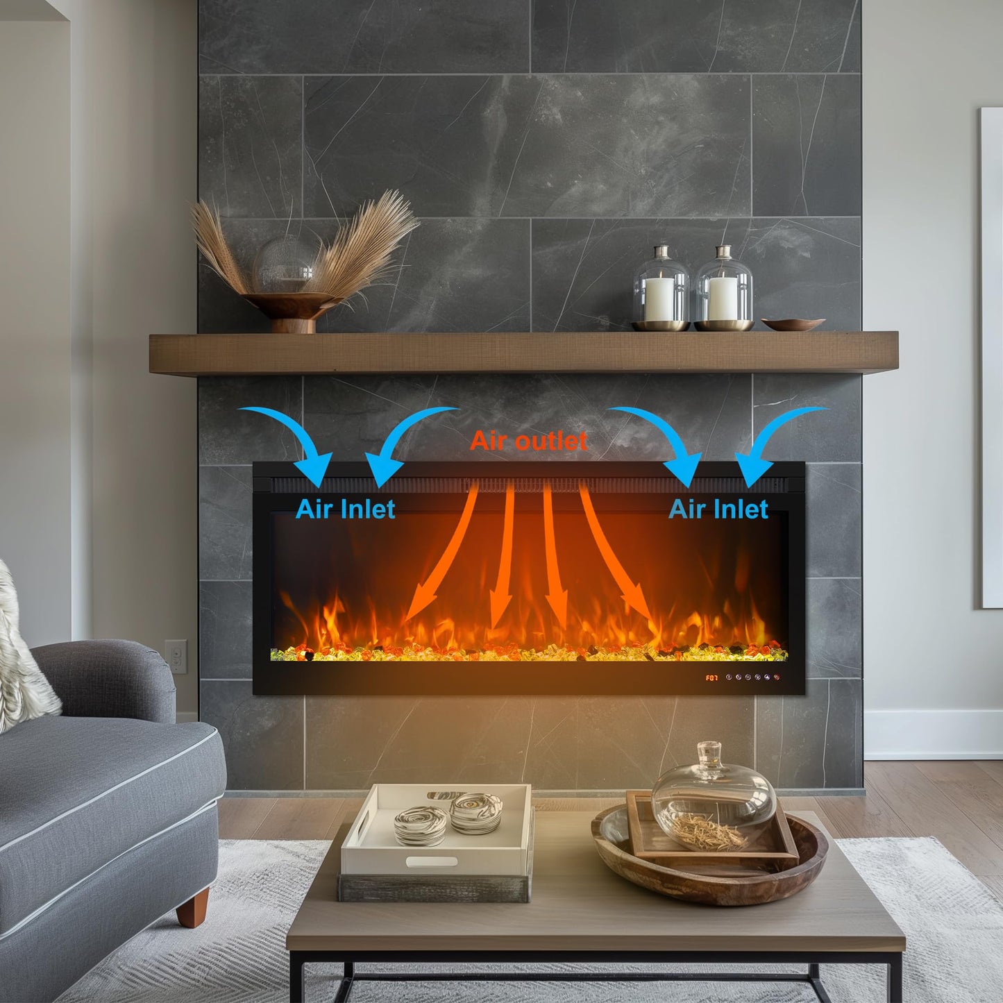 Weka Fireplace Wall Mounted and Recessed Electric Fireplace with App, Remote & Touch Screen, Log Set & Crystal, 13 Adjustable Flame Color, Thermostat, 1-9H Timer, 750w/1500w (72'')