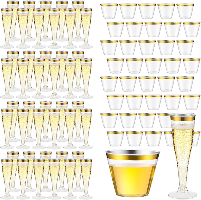 Newtay 160 Count Plastic Champagne Flutes and Cups Set, 60 Pcs 4.5 oz Gold Rim Disposable Champagne Flutes 100 Pcs 9 oz Go...