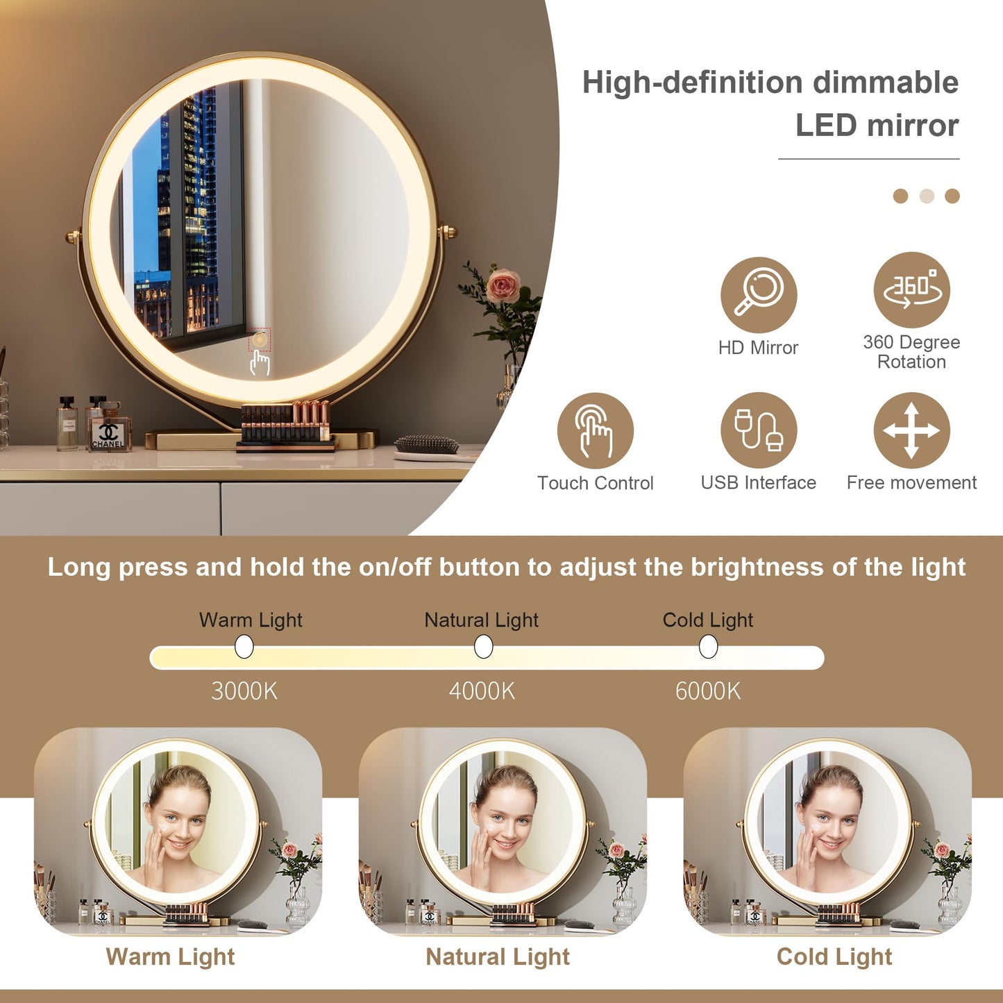KDCAS Modern Vanity Desk with Mirror and Lights, 39" White and Gold Makeup Vanity Table with 2 Storage Drawers, Stylish Gold Dressing Table for Small Spaces & Bedroom