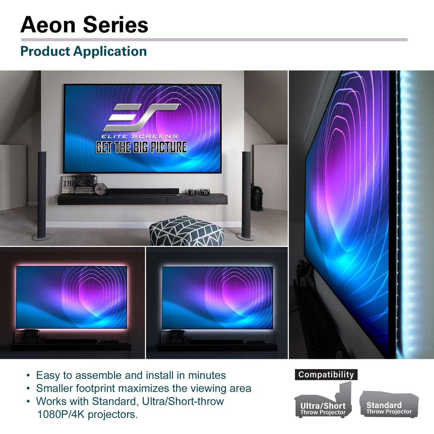 Elite Screens Aeon Series 158-Inch Projector Screen 16:9, Edge-Free Fixed Frame, 8K/4K UHD, CineWhite UHD-B, Wall Mounted for Standard, Short & UST Projectors, Home Theater & Gaming, AR158WH2