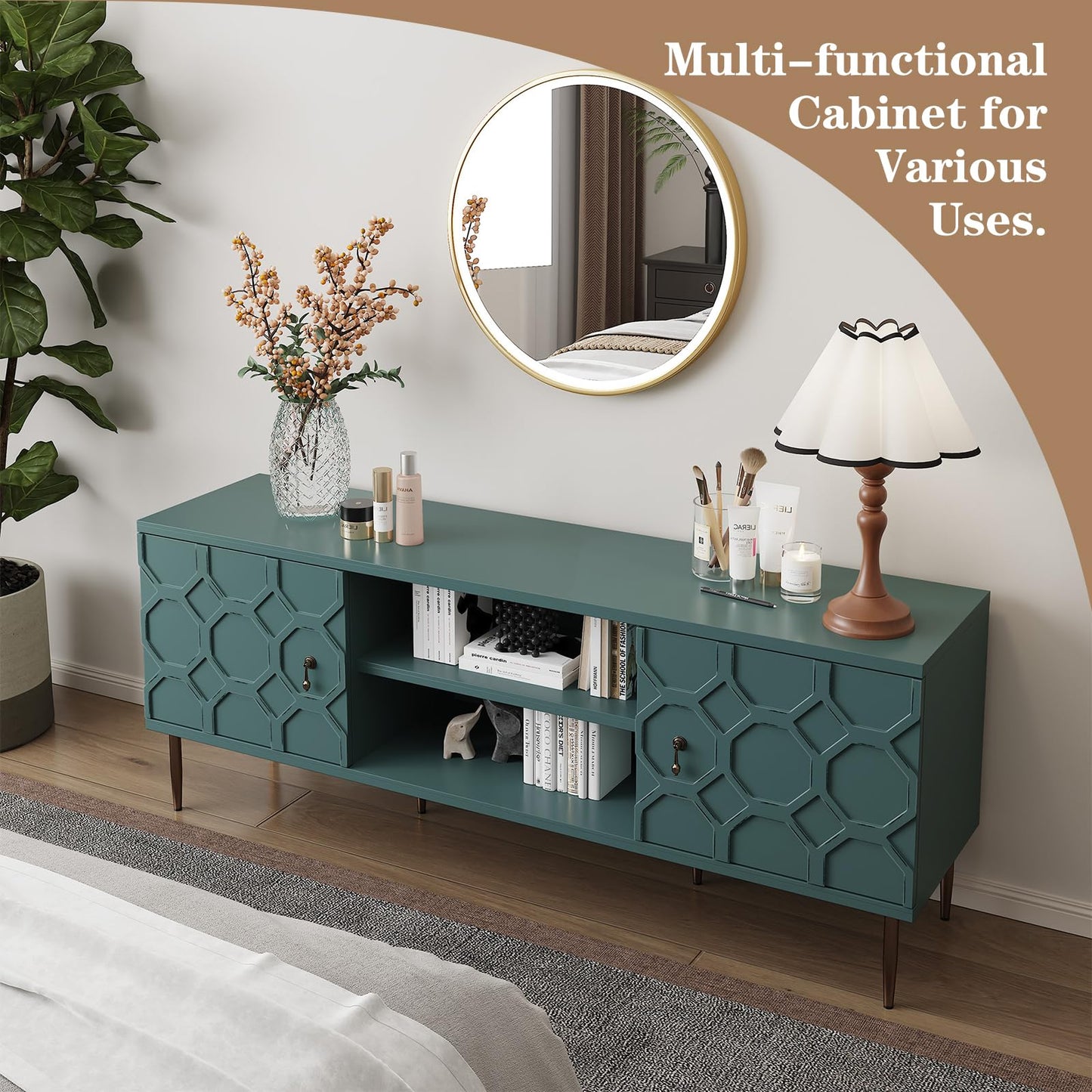 MROJISC Modern TV Stand for 65/70inch TV, Entertainment Center with Storage Cabinet and Open Shelves, Embossed Pattern TV Stand, TV and Media Console for Living Room, Bedroom, Green