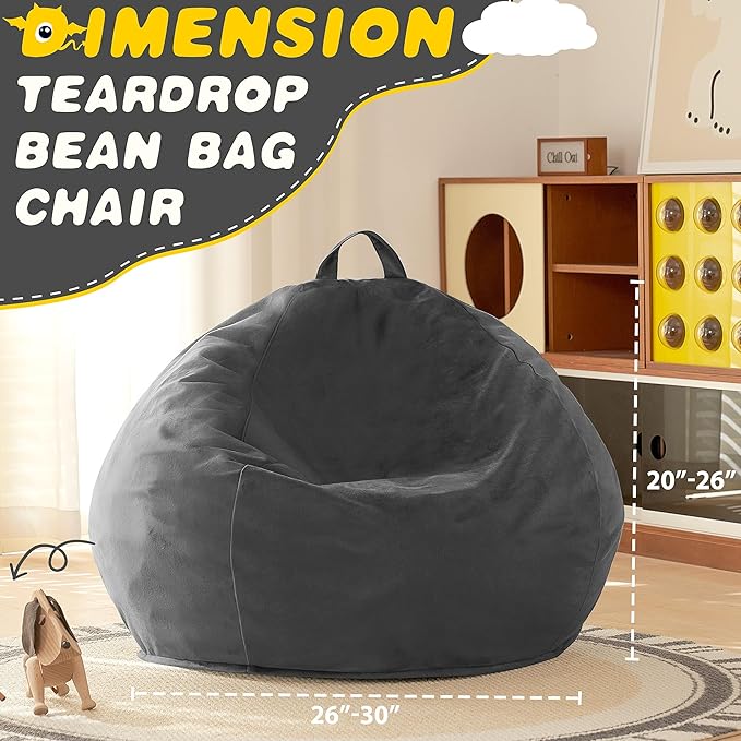 HABUTWAY 2FT Bean Bag Chair, 2' Beanbags Small Bean Bag Chairs with Filling, Teardrop Bean Bag Chair Luxurious Velvet Ultra Soft Fur with Removable Cover (Grey)