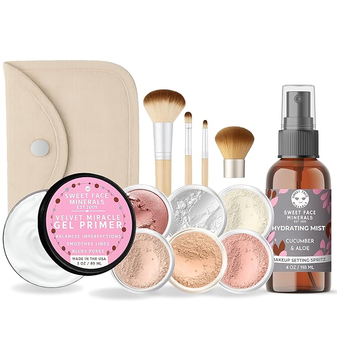 FLAWLESS COMPLEXION KIT (LIGHT TAN) Full Size Mineral Makeup Set Matte Foundation Bare Face Sheer Powder Cover