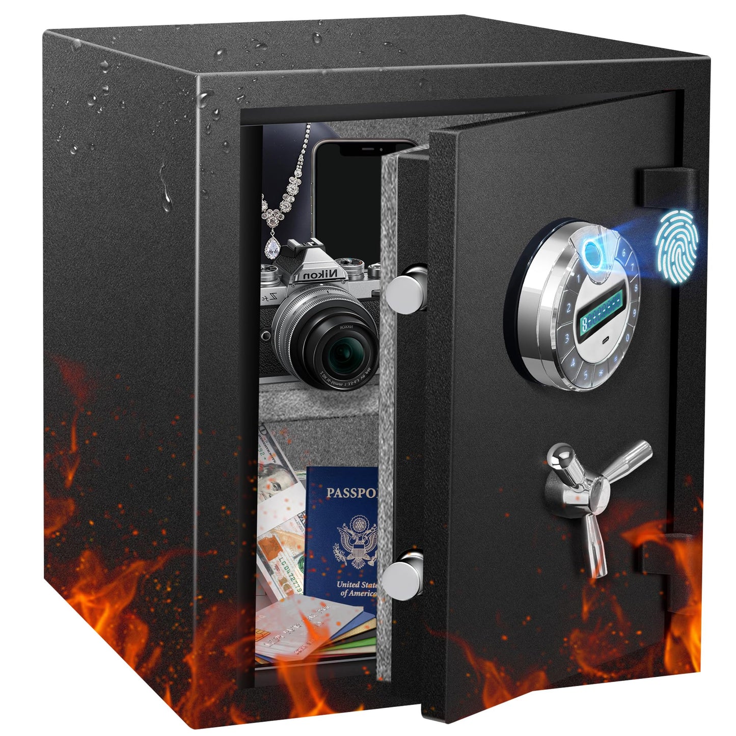 RETLLAS 4.5 CuFt Heavy Duty Fireproof Biometric Home Safe Fingerprint and PIN Lock, Reinforced Steel, Dual Anti-Pry Bolts, Backlit LCD, Heat-Sealing Gasket and USB-C Power for Documents & Electronics
