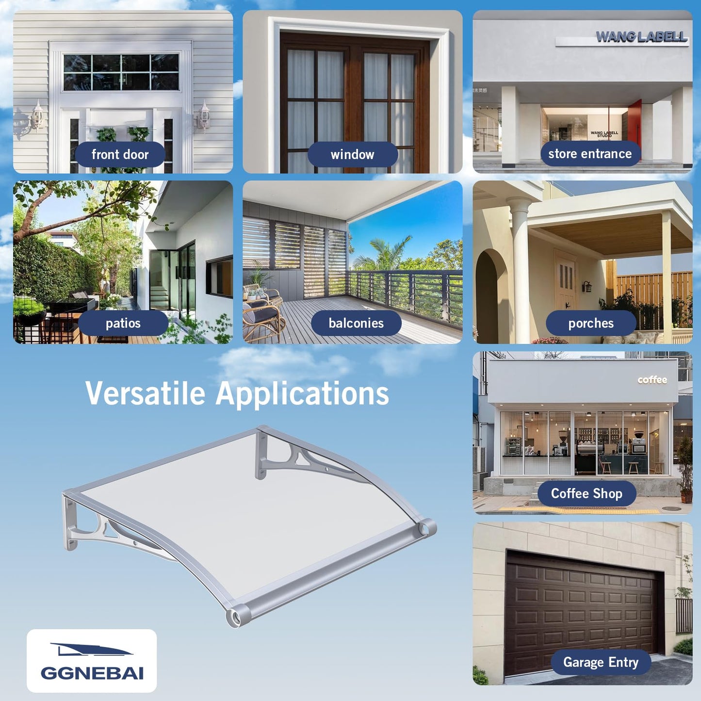 Awning for Door Entrance,40x60 Inch Awnings for Doors with Drainage Sink,Window Canopy Exterior with Aluminum Alloy Bracket,Solid Polycarbonate Cover,UV,Rain,Snow Protection for House,Porch,Patio,Deck