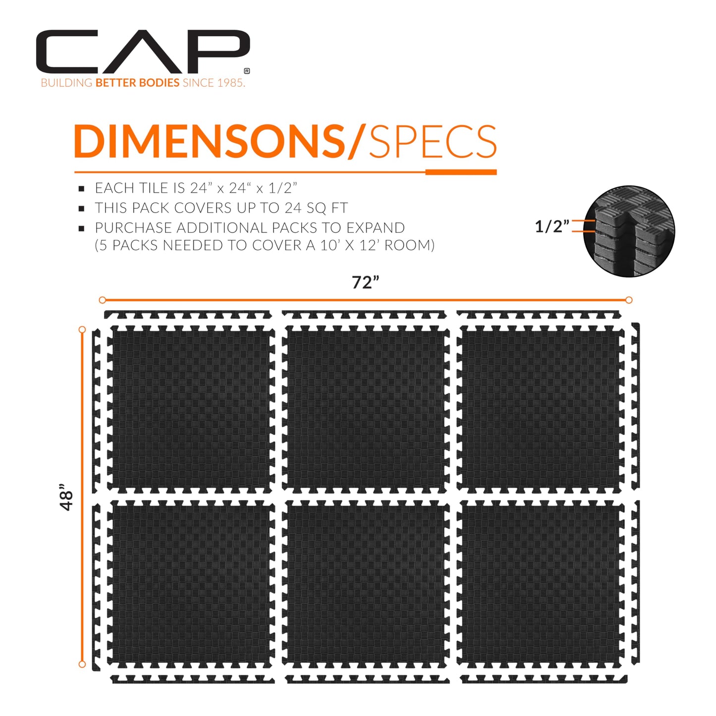 CAP Barbell 1/2-Inch Interlocking EVA Foam Exercise Puzzle Mat Home Gym Flooring - 1 Pack | 24" x 24" x 1/2" | Tatami Pattern - Black