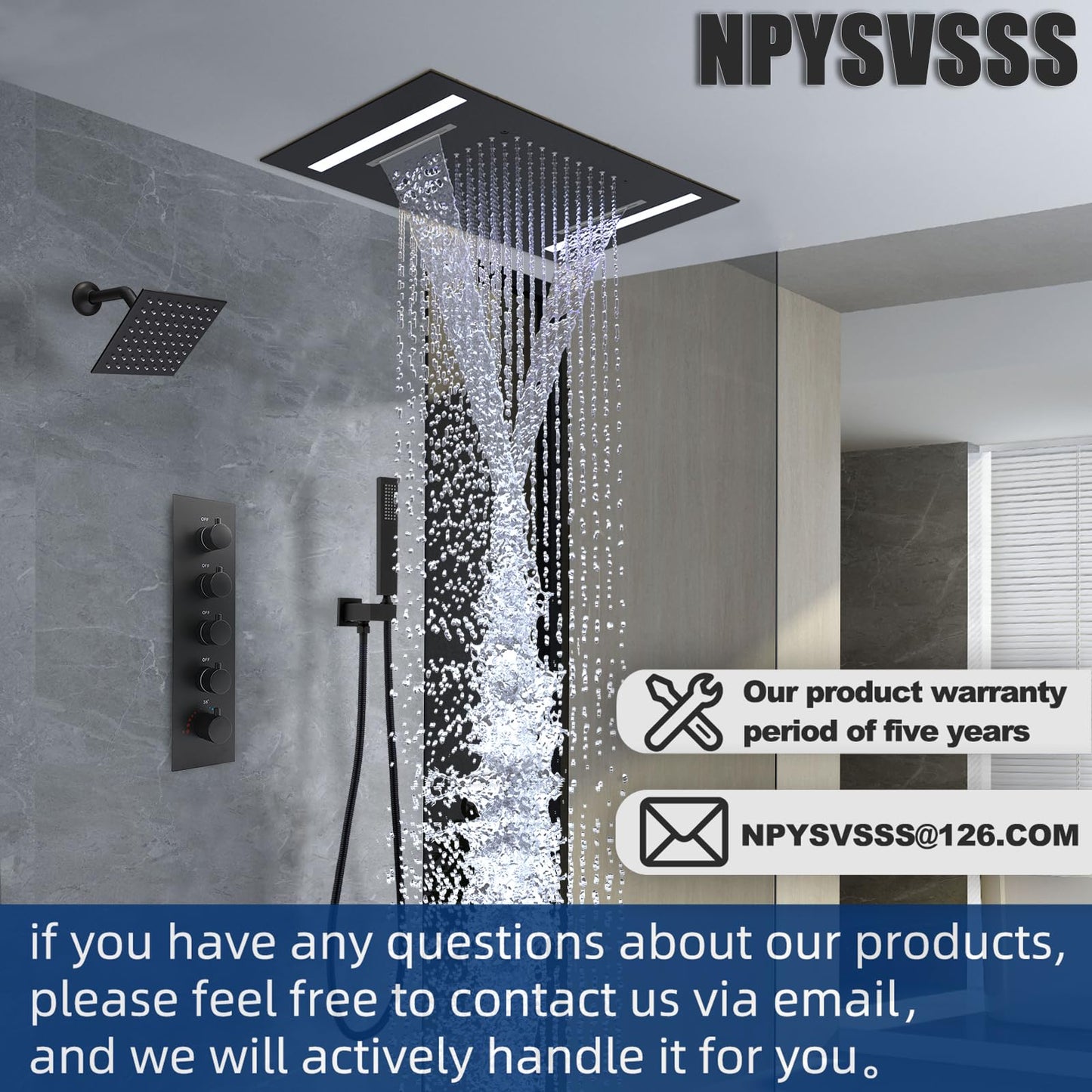 NPYSVSSS Dual Rain Shower Head Thermostatic Luxury Spa Shower System And Ceiling Mount 14x20 Inch LED 4 Functions with 6 Inch Wall Head Shower Faucet Set,Matte Black