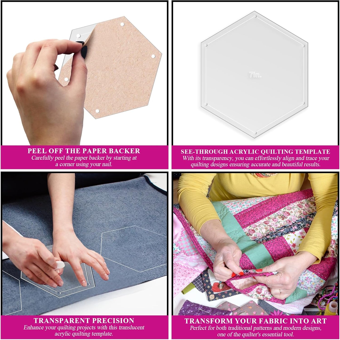 Hexagon Quilting Template Set - 7" with 1/4" Seam Allowance - Durable Acrylic Templates for Quilting, Patchwork, Crafting, & Sewing Projects - Clear Templates for Accurate Designing