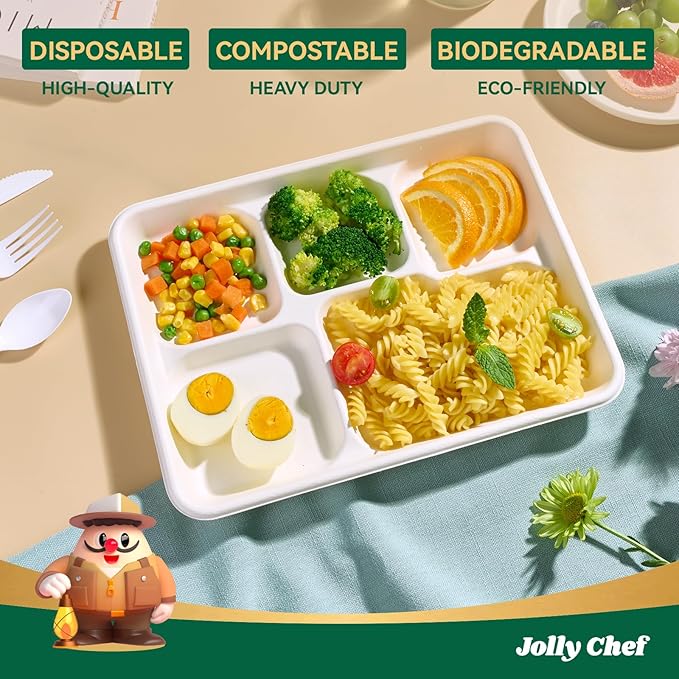 JOLLY CHEF Compostable 𝟱 Compartment Paper Plates 𝟭𝟭 * 𝟴 𝗶𝗻𝗰𝗵 [𝟭𝟬𝟬 𝗣𝗮𝗰𝗸] Heavy Duty White Divided Disposable Plate Eco-Friendly Biodegradable Food Tray for Party Lunch Dinner Christmas