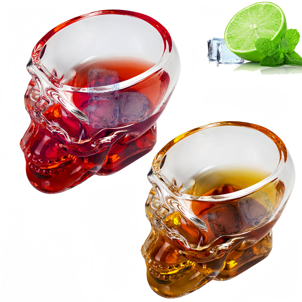 Afiemire Clear Glass Novelty Skull Shot Glass For Whiskey，Halloween Skull Glass Wine Glass ，Decorative Halloween Drinkware，Vodka, And Cocktail Holiday Gifts - 2.6 Oz, Set Of 2