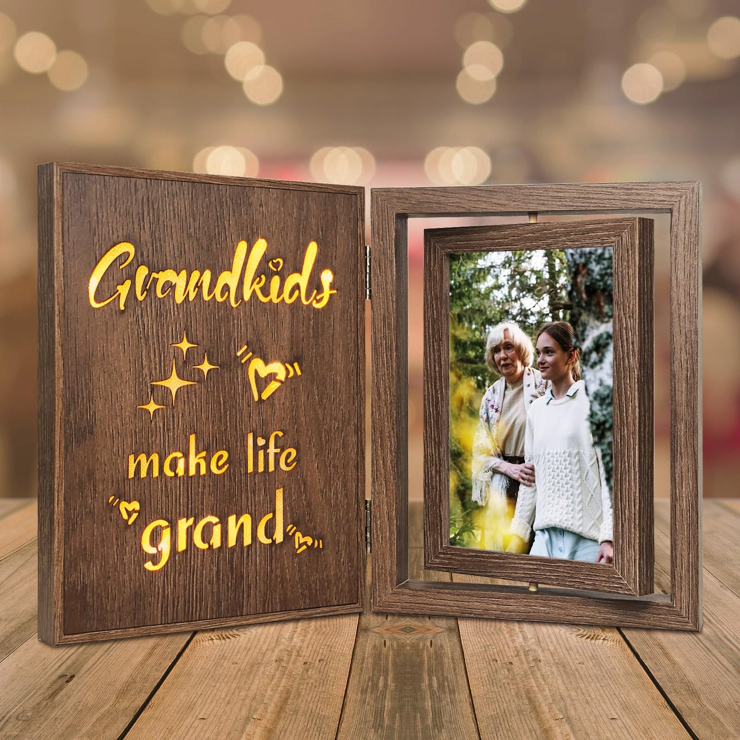 Grandkids Make Life Grand Light Up Photo Frame, Rotating Double-Sided 4x6 Vintage Wooden Grandma Grandpa Glowing Picture Frame, Gifts for Grandparents for Mother's Day, Father's Day, Christmas
